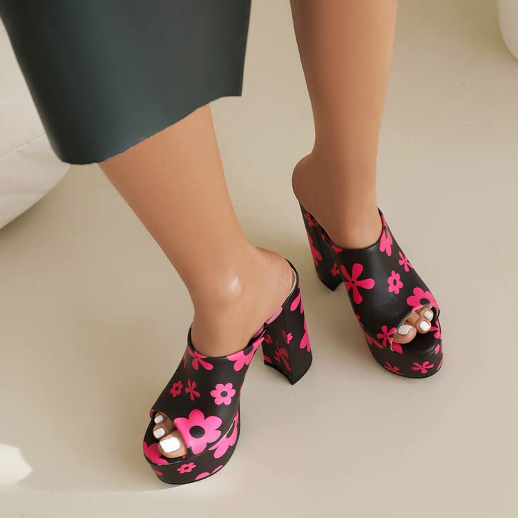 CoceMoce Gorgeous Thick Chunky Heel Slide Sandals for Women Black Red Floral Peep Toe Platform Slip-on Backless High Heeled Mules Dressy Shoes Club Party Events Prom