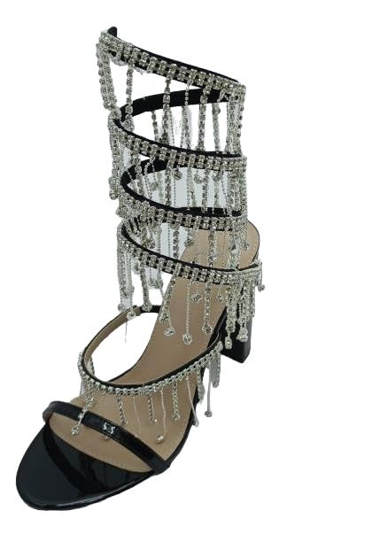 Wild Diva Women's Morris-605 Chandelier Embellished Rhinestone Spiral Coil Wrap Around Chunky Block Heels (Black PT, US Footwear Size System, Adult, Women, Numeric, Medium, 10)