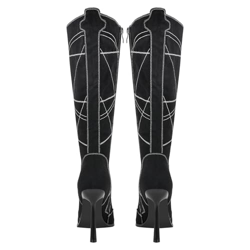 Rhineshell Women's Pointed Closed Toe Tie Up Under the Knee High Boots Side Zipper Long Boots Dress Embroidered Stilettos Cloth High Heels 4 Inches Slim Heel Black