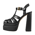 richealnini Double Platform Sandals with Buckles Square Open Toe Block Chunky Heels T-strap Adjustable Buckle Up Roman Fisherman Strappy Heels Ankle Strap Gladiator Pumps Outside Wedding Black Size 9