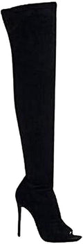 PAZZLE Women's Stiletto Heel Thigh High Boots Peep Toe Pull on Over The Knee Boots Victoria 2 Black