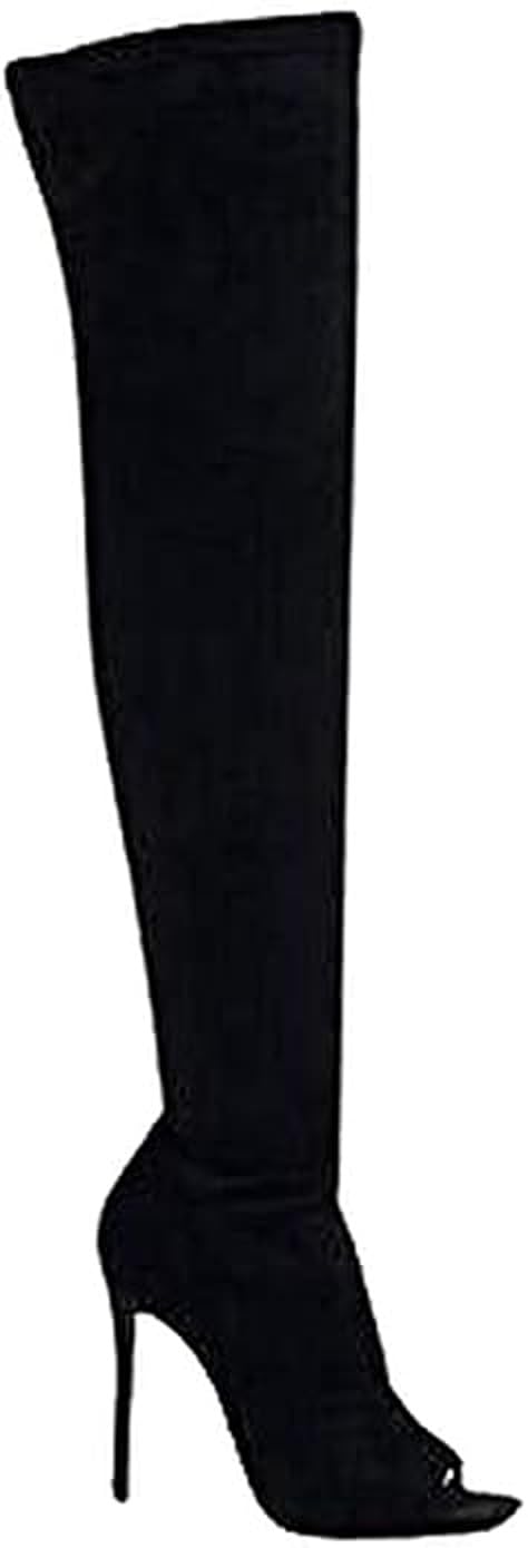 PAZZLE Women's Stiletto Heel Thigh High Boots Peep Toe Pull on Over The Knee Boots Victoria 2 Black