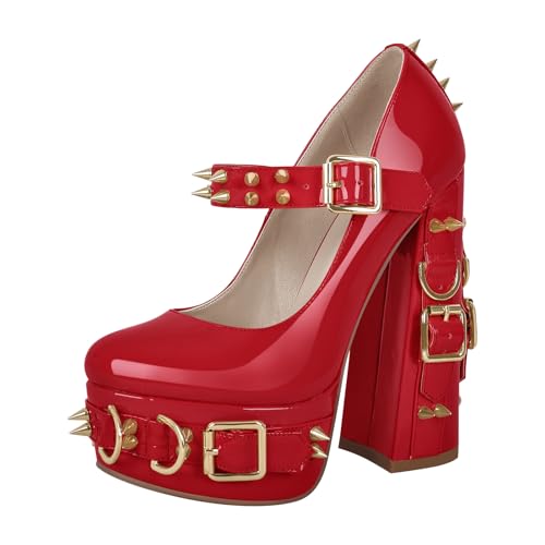 onlymakerheels Mary Jane Rivet Platform Chunky Heel Back Strap Pumps Red Size14