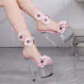 F&A LOVING Flowers Heels Lace Up Clear Platform High Heel 6.5in Stiletto Sandals