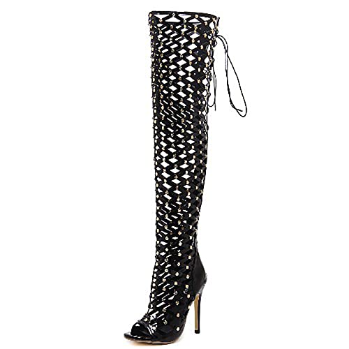 Womens Knee High Sandals Open Toe Lace Up Criss Cross Strappy Stiletto Heels Pointed Toe Boots,Black