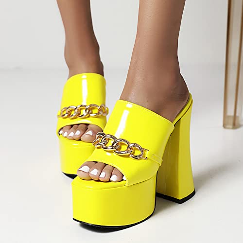Makmeoyw Platform Heels Slippers Slip On Show Slingback Chunky Heels Sparkly Sandals Square Toe Mules Open Toe High Heels Slide-on Sandals Yellow Size 40