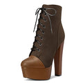 NobleOnly Women Chunky Block Platform High Heel Round Toe Lace-up Zipper Ankle Boots Short Bootie Classic Shoes Brown