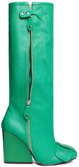 Lemonade Women's Buckle Detail Square Toe Wedge Heel Knee High Long Boot﻿ Senna Green