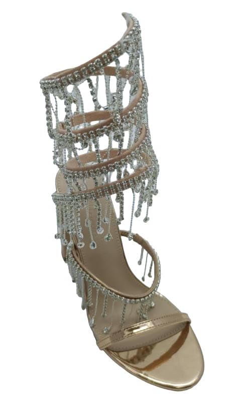 Wild Diva Women's Morris-605 Chandelier Embellished Rhinestone Spiral Coil Wrap Around Chunky Block Heels (Rose Gold PU, US Footwear Size System, Adult, Women, Numeric, Medium, 10)