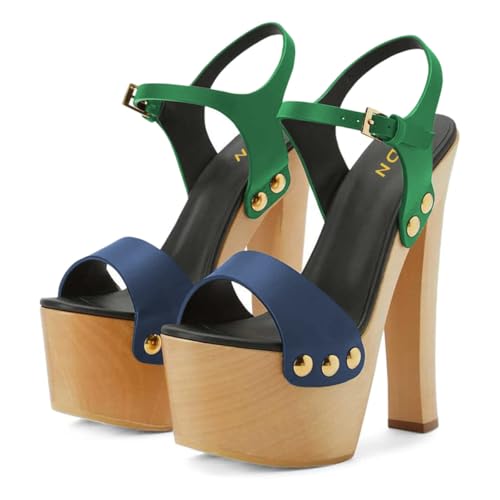 YDN Women's Platform Heeled Sandals Open Round Toe Chunky High Heels Backless Ankle Strap Sexy Casual Shoes for Spring Summer Party Navy & Green