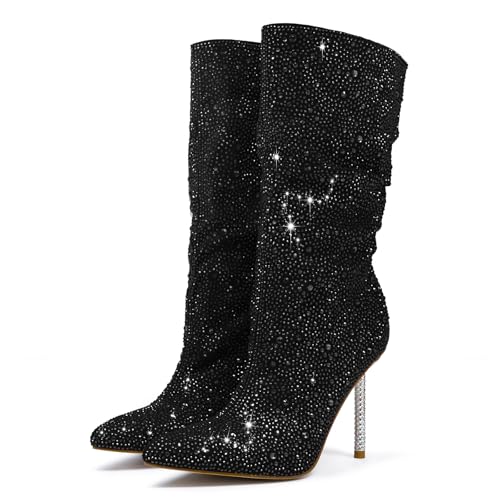 Driceic Women's Black Mid Calf Sparkly Rhinestone Stiletto Heel Western Wide Calf Short Cowboy Boots Sexy Pointed Toe Dress Party Boots