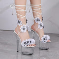 F&A LOVING Flowers Heels Lace Up Clear Platform High Heel 6.5in Stiletto Sandals