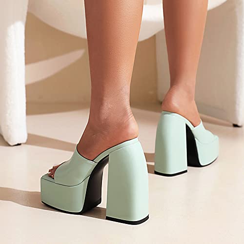 Makmeoyw Platform Heels Slippers Slip On Show Slingback Chunky Heels Sparkly Sandals Square Toe Mules Open Toe High Heels Slide-on Sandals Cyan