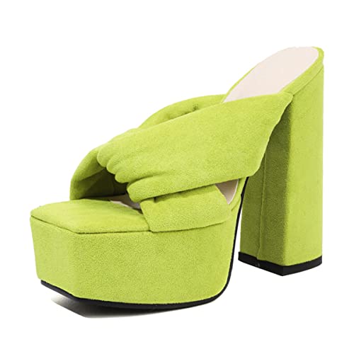 CoceMoce Gorgeous Thick Chunky High Heel Platform Pumps Green for Women Square Open Toe Cross-Band Backless Slip-On Summer Dress Shoes Ballroom Dancing Club Evening Party Size 10 US