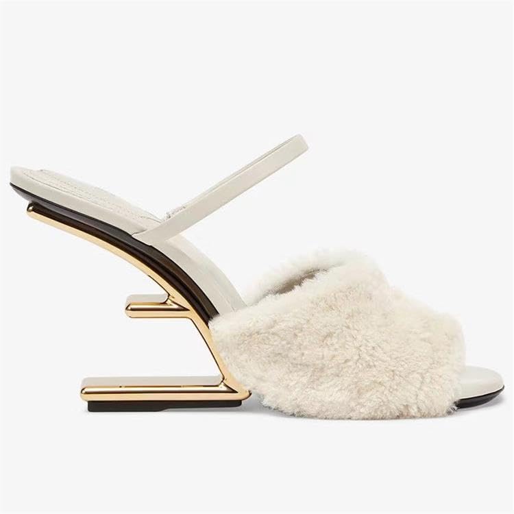 Azttoztto Women's Furry Slide Sandals High Heel Round Toe Designer Slippers Unique Geometric Heel Dressy Evening Shoes (apricot color,4.5)