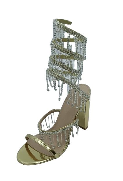 Wild Diva Women's Morris-605 Chandelier Embellished Rhinestone Spiral Coil Wrap Around Chunky Block Heels (Gold PU, US Footwear Size System, Adult, Women, Numeric, Medium,
