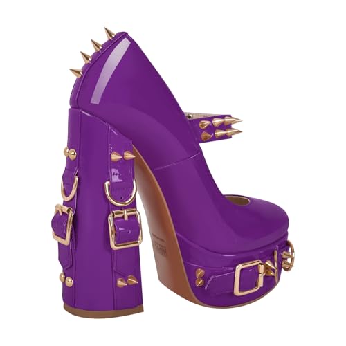 onlymakerheels Mary Jane Rivet Platform Chunky Heel Back Strap Pumps Purple Size13