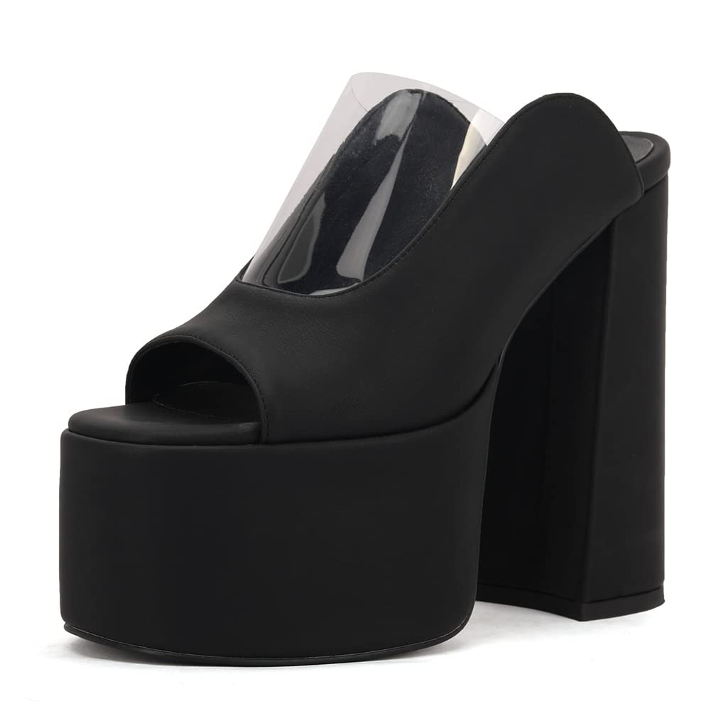 Makmeoyw Platform Heels Slippers Slip On Show Slingback Chunky Heels Sparkly Sandals Square Toe Mules Open Toe High Heels Slide-on Sandals Black Size 34
