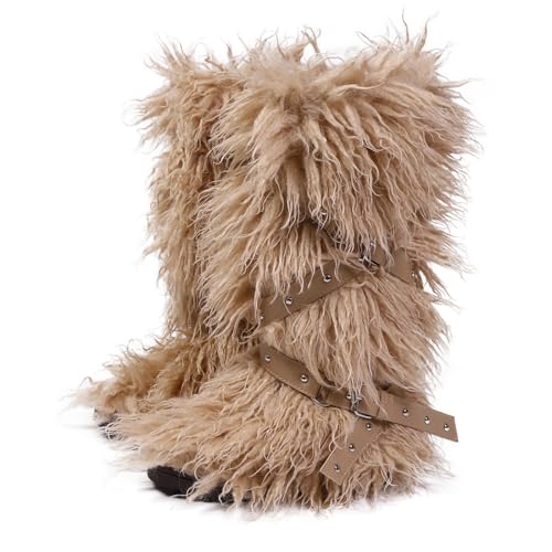 TVNGDLI Women Knee High Furry Faux Fur Boots Fuzzy Fluffy Round Toe Anti Slip Ankle Strap Rivet Flat Shoes Outdoor Christmas Fashion Party Gifts Boots