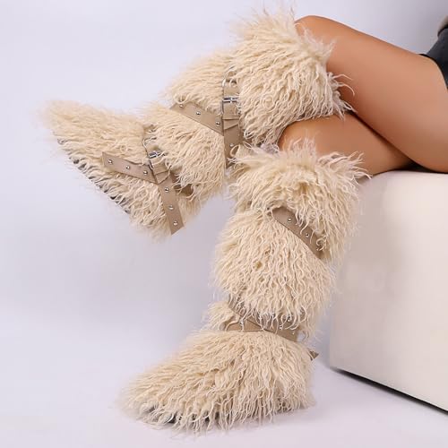 TVNGDLI Women Knee High Furry Faux Fur Boots Fuzzy Fluffy Round Toe Anti Slip Ankle Strap Rivet Flat Shoes Outdoor Christmas Fashion Party Gifts Boots