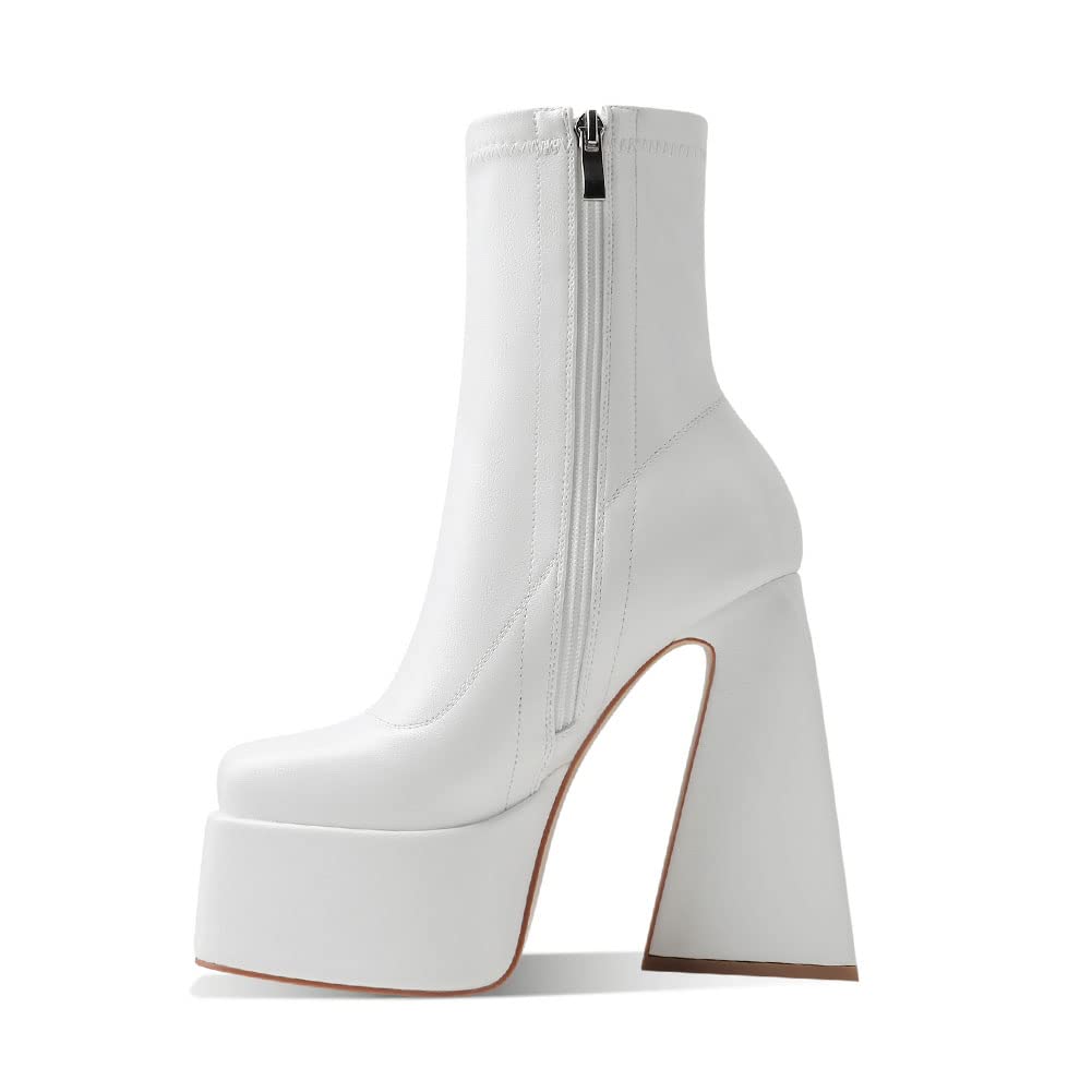 Uacllcau White Platform Boots for Women Ankle Booties Square Toe Chunky High Heel Boots Side Zipper Mid Calf Boots