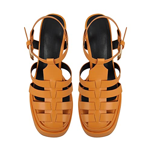 richealnini Double Platform Sandals with Buckles Square Open Toe Block Chunky Heel T-strap Adjustable Buckle Up Roman Fisherman Strappy Heel Ankle Strap Gladiator Pumps Outside Wedding Orange Size 13