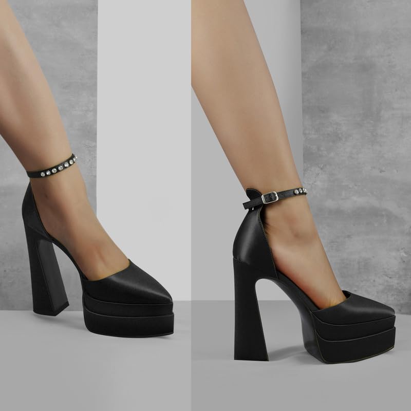 onlymakerheels Women’s Double High Chunky Platform Pointed Closed Toe Chunky Heels Ankle Strap Rhinestone Pumps Shoes for Dress Wedding Party Black