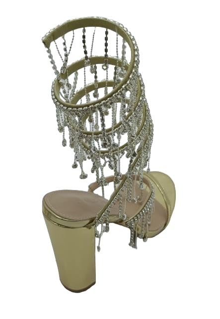 Wild Diva Women's Morris-605 Chandelier Embellished Rhinestone Spiral Coil Wrap Around Chunky Block Heels (Gold PU, US Footwear Size System, Adult, Women, Numeric, Medium,