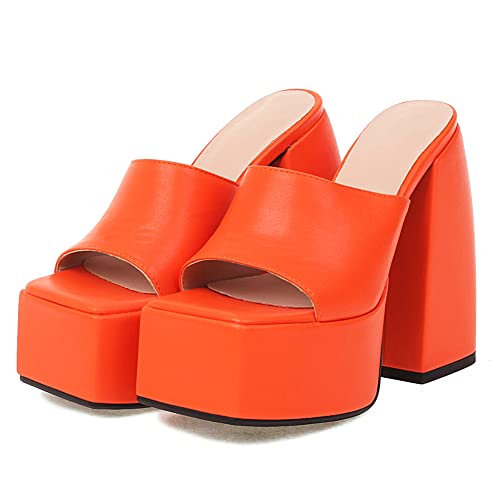 Makmeoyw Platform Heels Slippers Slip On Show Slingback Chunky Heels Sparkly Sandals Square Toe Mules Open Toe High Heels Slide-on Sandals Orange