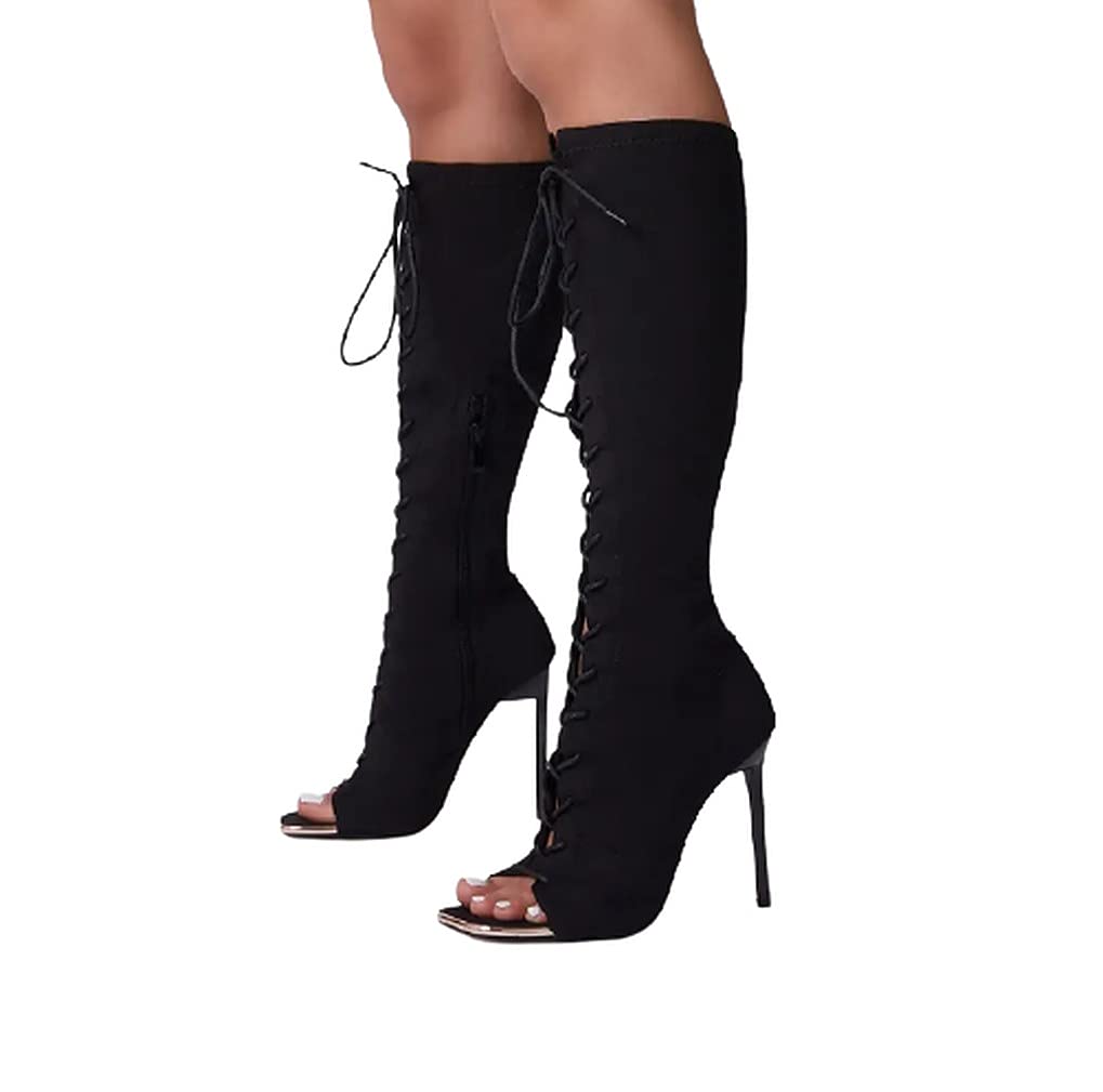 LEMONADE Lace up Stiletto Heel Knee High Boots For Women Black