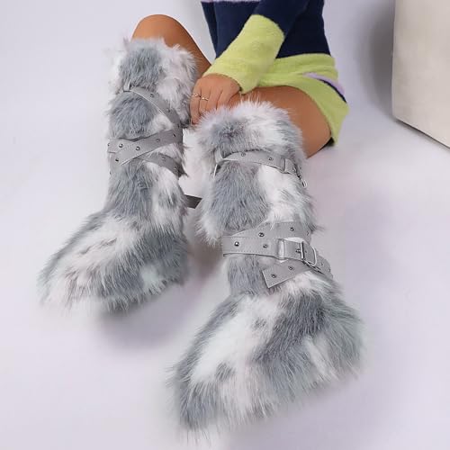 TVNGDLI Women Knee High Furry Faux Fur Boots Fuzzy Fluffy Round Toe Anti Slip Ankle Strap Rivet Flat Shoes Outdoor Christmas Fashion Party Gifts Boots