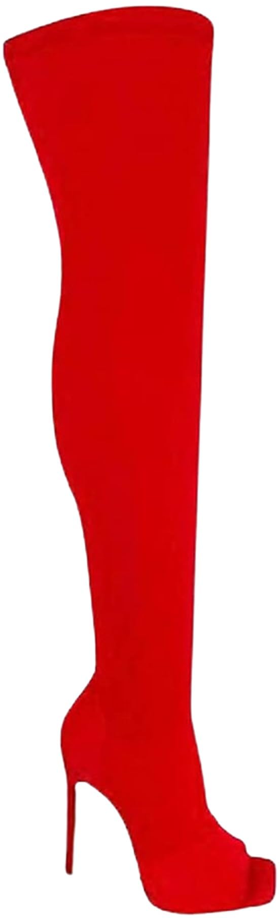 PAZZLE Women's Stiletto Heel Thigh High Boots Peep Toe Pull on Over The Knee Boots Victoria-2 Red Stretchy