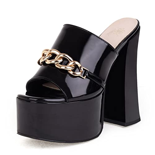 Makmeoyw Platform Heels Slippers Slip On Show Slingback Chunky Heels Sparkly Sandals Square Toe Mules Open Toe High Heels Slide-on Sandals Black Size 40