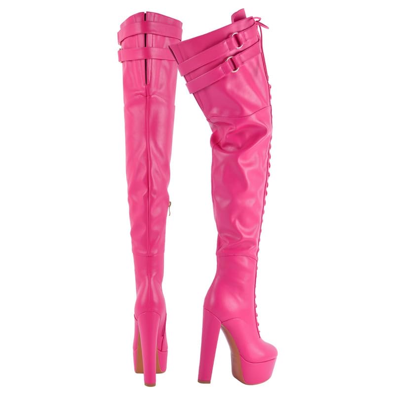Richealnana Women's Over The Knee High Platform Thigh High Boots for Women Strap Lace-Up Chunky Heeled Buckle Strap Pink Size 8
