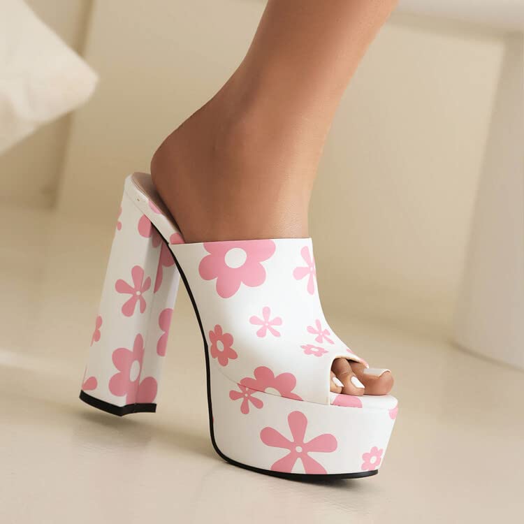 CoceMoce Gorgeous Thick Chunky Heel Slide Sandals for Women White Pink Floral Peep Toe Platform Slip-on Backless High Heeled Mules Dressy Shoes Club Party Events Prom Size 8 US