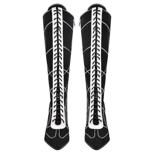 Rhineshell Women's Pointed Closed Toe Tie Up Under the Knee High Boots Side Zipper Long Boots Dress Embroidered Stilettos Cloth High Heels 4 Inches Slim Heel Black