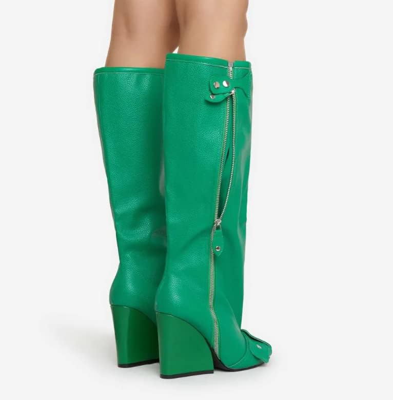 Lemonade Women's Buckle Detail Square Toe Wedge Heel Knee High Long Boot﻿ Senna Green