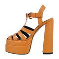 richealnini Double Platform Sandals with Buckles Square Open Toe Block Chunky Heel T-strap Adjustable Buckle Up Roman Fisherman Strappy Heel Ankle Strap Gladiator Pumps Outside Wedding Orange Size 13