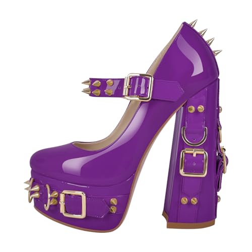 onlymakerheels Mary Jane Rivet Platform Chunky Heel Back Strap Pumps Purple Size13