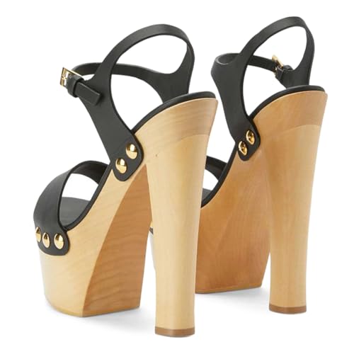 YDN Women's Platform Heeled Sandals Open Round Toe Chunky High Heels Backless Ankle Strap Sexy Casual Shoes for Spring Summer Party Size 7 Black