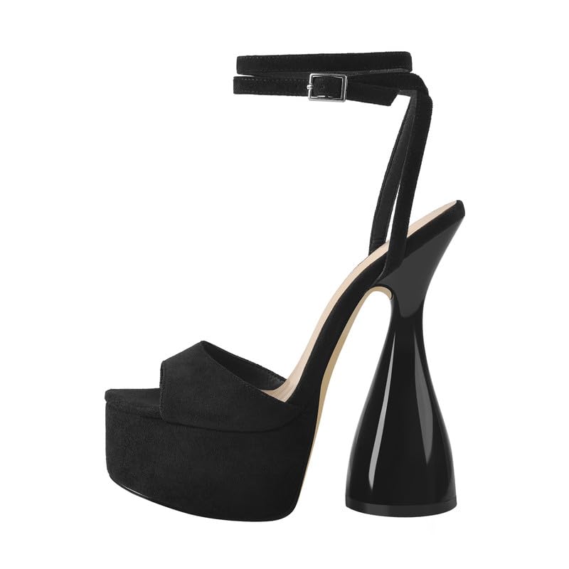 LISHAN Women's Platform High Heels Slingback Block Chunky Heel Backless Ankle Buckle Round Open Toe Faux Suede Heeled Sandals Dressy Prom Dancing Ankle Strappy Solid Color Shoes Black