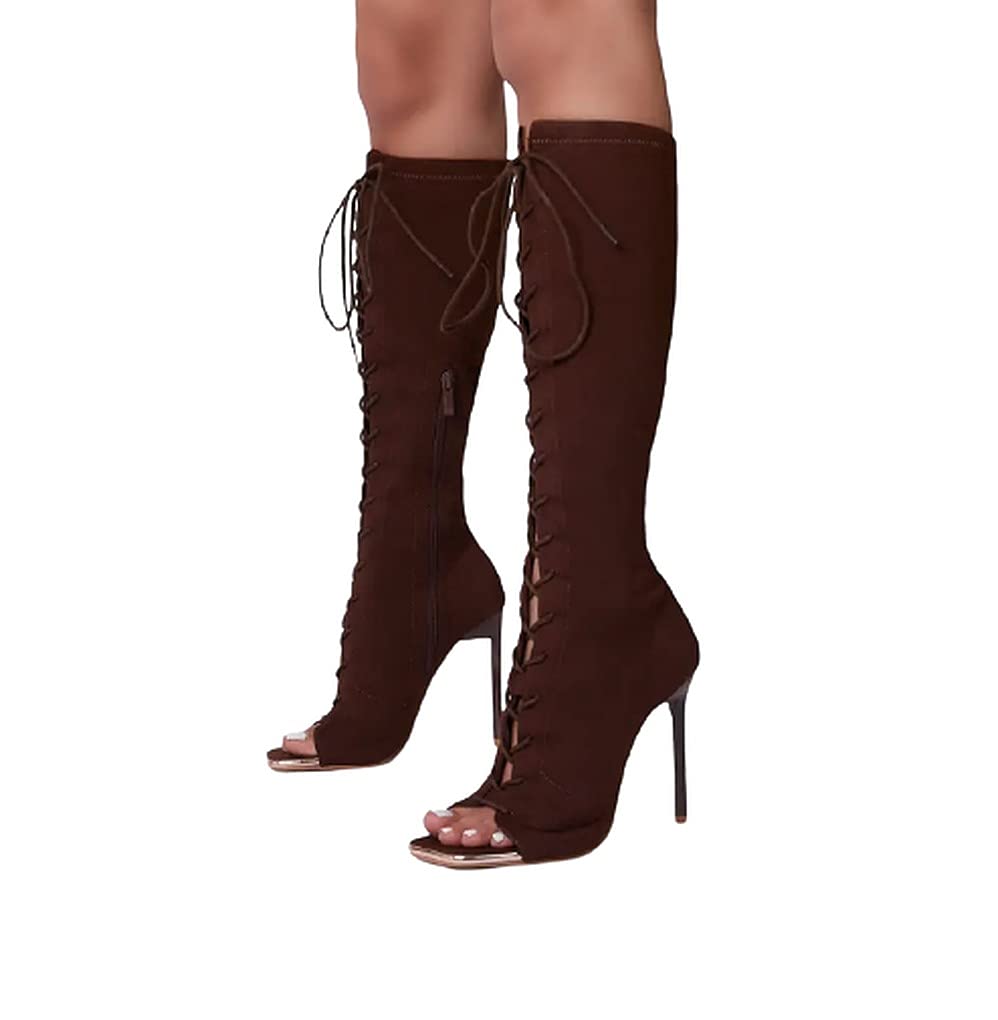 LEMONADE Lace up Stiletto Heel Knee High Boots For Women Chocolate