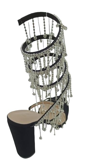 Wild Diva Women's Morris-605 Chandelier Embellished Rhinestone Spiral Coil Wrap Around Chunky Block Heels (Black Nubuck, US Footwear Size System, Adult, Women, Numeric, Medium, 10)