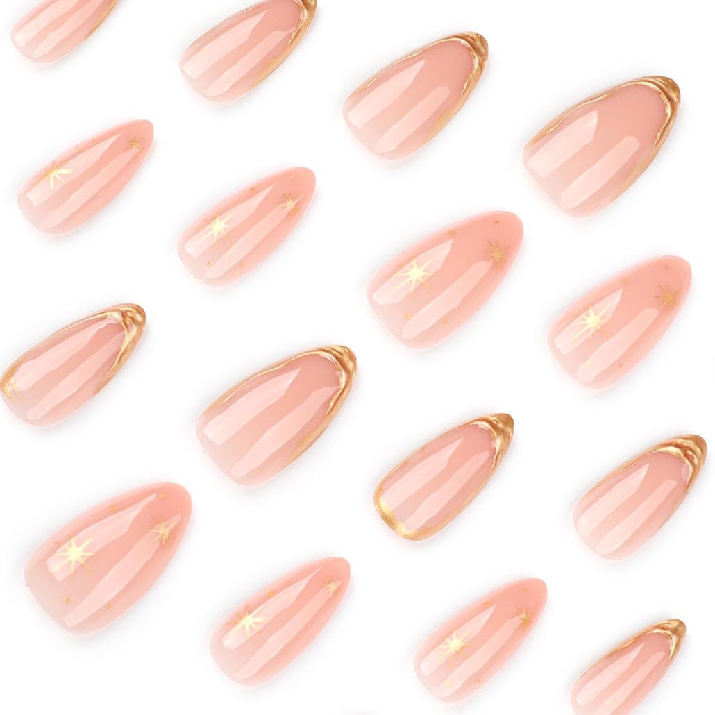 Foccna Press on Nails Almond Fake Nails with Gold Line Design Glue on Nails Acrylic Nails Glossy Full Cover Stick on Nails for Women 24Pcs