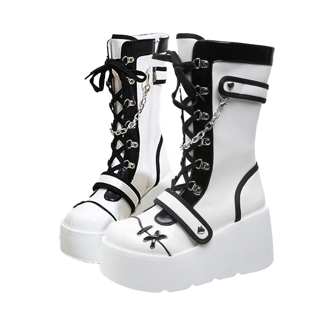 XYKHUI Goth Platform Buckle Boots for Women's Chunky High Heel Lace Up Punk Motorcycle Combat Boots with Chain White