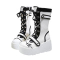 XYKHUI Goth Platform Buckle Boots for Women's Chunky High Heel Lace Up Punk Motorcycle Combat Boots with Chain White
