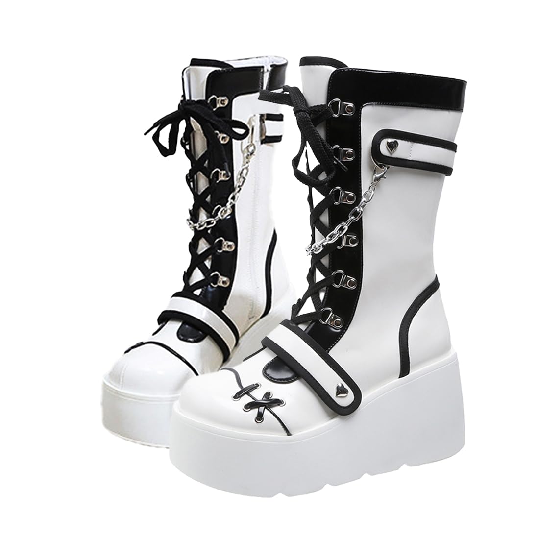 XYKHUI Goth Platform Buckle Boots for Women's Chunky High Heel Lace Up Punk Motorcycle Combat Boots with Chain White