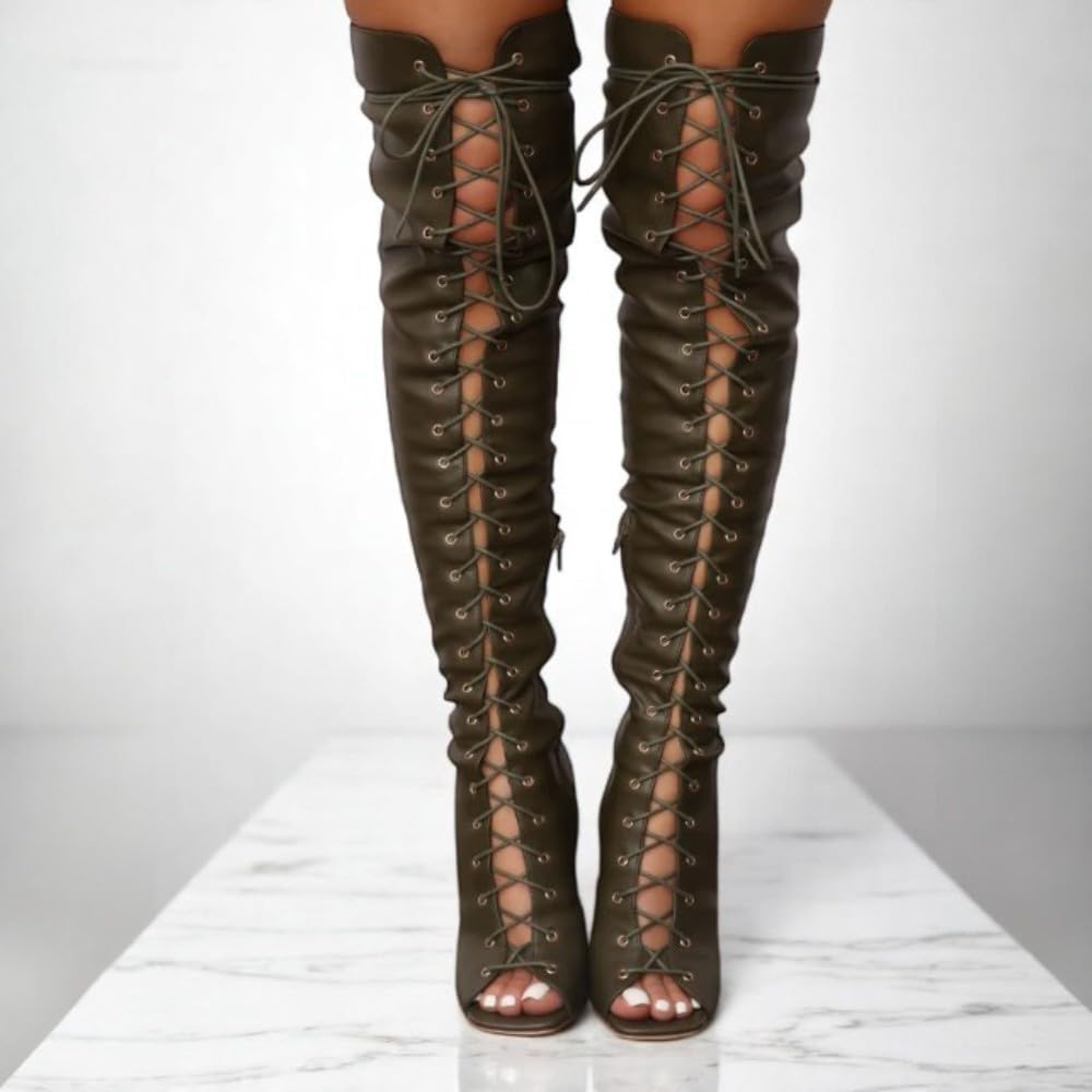 Liliana Women's Peep Toe Lace-Up Chunky Heel Over The Knee Boot Drip-1 Olive