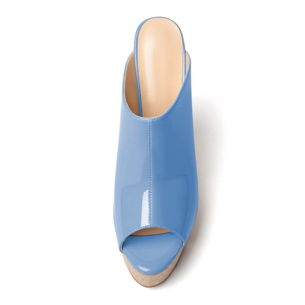 SAMMITOP Women's Platform Wedge Open Toe Sandals,Ladies Slip On Wedge Mule Shoes Blue