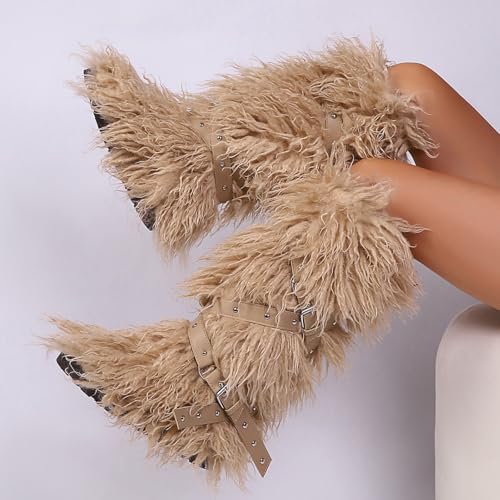 TVNGDLI Women Knee High Furry Faux Fur Boots Fuzzy Fluffy Round Toe Anti Slip Ankle Strap Rivet Flat Shoes Outdoor Christmas Fashion Party Gifts Boots